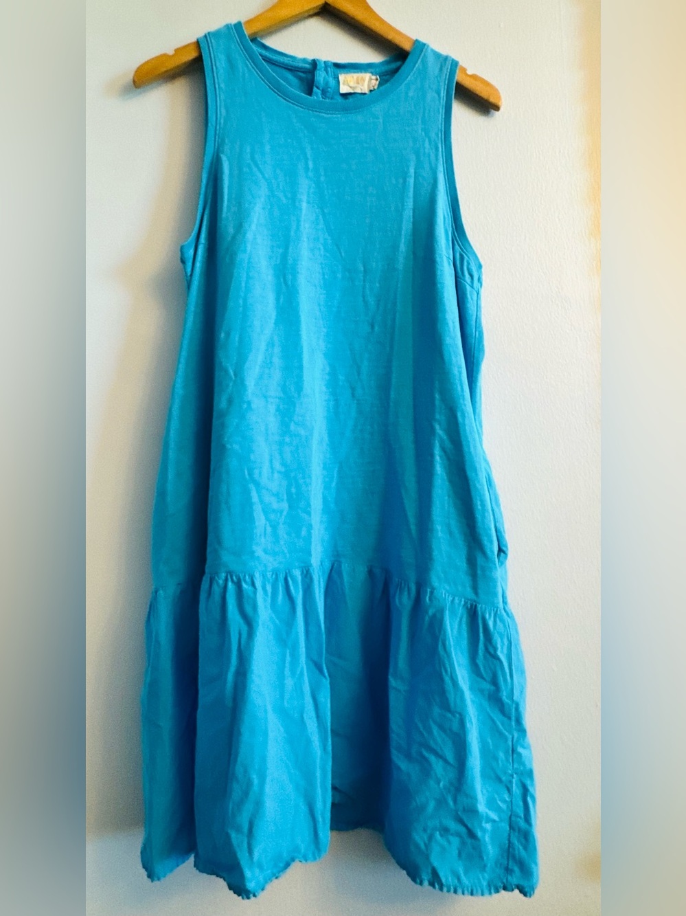 Nation LTD LA Melissa Tiered Tank Dress Aqua Blue Cotton Pockets Size L